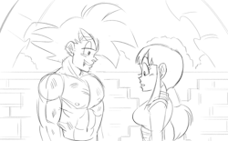   meztliel said to funsexydragonball: You know that gif where Peggy is reaching out for Captain America&rsquo;s bara tiddy but then retracts? That but with Goku as the Cap and Chichi as Peggy