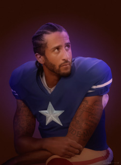 euclase:  Captain America, drawn in PS.[Caption: A realistic digital painting of Colin Kaepernick. Colin is kneeling, gazing upward. He’s wearing red striped football pants and a bright blue football jersey with full padding. The jersey is plain except