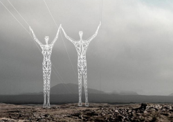  The Land of the Giants, Electrical pylons transformed into statues walking along the Icelandic landscape. 