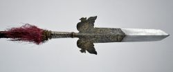 art-of-swords:  Engraved and Gilt Partisan Dating: late 17th century Culture: European Measurements: height 190.5 cm The weapon has an iron head with a large, straight-edged cusp-blade, ribbed at the centre, with wings, tapering socket provided with