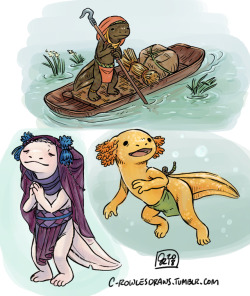 tabletop-rpgs: c-rowlesdraws:  I can’t get enough of sketching these little guys lately. Here are a few that I colored up tonight! Top - a villager steering their boat and some supplies down a canal. Left - all Atlacatl wear veils over their gills when