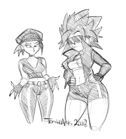 toshkarts: Y’all been waiting a long time for this but here they are:Biker Caulifla and KaleI wanted to give Caulifla Terminator 84 shades and overall prowess because I feel that fits her (I know you’ll all say I shoulda done that for 18 but c’mon,