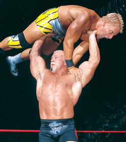 rwfan11:  fishbulbsuplex:  Scott Steiner vs. Jeff Jarrett  ….that look on Jeff’s face is not from the upcoming slam….it’s from pain! ……..look at that grip Steiner has on his nuts! ;-) ***ouch*** ….someone’s taking the phrase &lsquo;bust