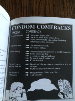 crusherccme:  found this gem in the 1996 Cornell Women’s Handbook. it’s what to say when a guy tries to get out of using a condom 