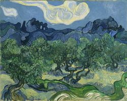 earthleaf: Olive Trees in a Mountainous Landscape, Van Gogh, 1889 Painted while staying in a mental asylum near Saint-Rémy, France, as a complement to A Starry Night  