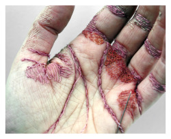tibets:  craftandmemory:  &ldquo;Using my own hand as a base material, I considered it a canvas upon which I stitched into the top layer of skin using thread to create the appearance of an incredibly work worn hand. By using the technique of embroidery,