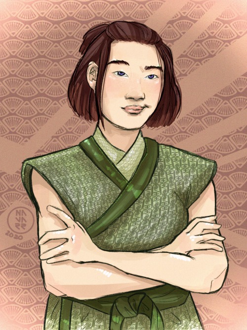 gingersnapped:gingersnapped: suki’s outfit from shells [ID: two photos of a digital portrait of Suki from Avatar: the Last Airbender. In the first image, Suki is shown from the waist up, arms crossed with her left arm over her right. She looks forward