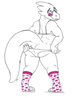 Alphys with a chunky gecko-like tail. One day I’ll settle on a body type for her. Also those socks are supposed to be like mew mew print or something. 