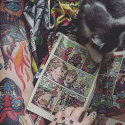 derickjames:  Good morning everyone 🤓✨ #spiderman #marvel #geek #tattoo #cat #comics #derickjames #inked 