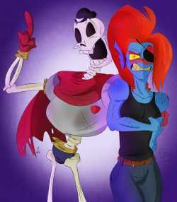 feathers-ruffled:  “Nyeh! Give me a listen, you monsters of cheer. At least those of you, who remain to be here. I’ll tell you a story, make a skeleton cry of our own super-viciously lovely Undyne~”   best friends X3