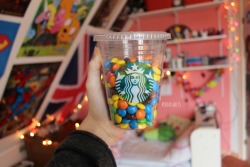 pornflak3s:  idek why i put my m&amp;ms in a starbucks cup? i guess i hate having to put my hand in the bag everytime so this was my solution idkidk ig: pornflak3s | dxstiel 