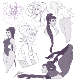 some Overwatch doodles, I was trying to figure out how to draw Mercy and Widowmaker; Zenyatta is there just bc lol (I love him but he’s too hard to draw)