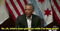 thisiseverydayracism:  micdotcom:  Obama makes first public appearance since leaving office At long last, former President Barack Obama has made his return to the public eye.Obama appeared at the University of Chicago on Monday to deliver a speech on