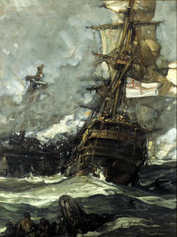 shear-in-spuh-rey-shuhn:  FRANK BRANGWYNThe Brunswick Caught Anchors With Her EnemyOil on Canvas22” x 29” 