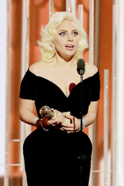 somedayinjakarta:  commongayboy:  ladyxgaga:    January 10th, 2016: Lady Gaga accepting the award for Best Performance by an Actress in a Mini-Series or Motion Picture Made for Television at the 73rd annual Golden Globe Awards    The look on her face