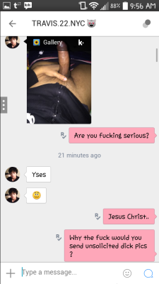 brattybrattyprincess:  littlemiss0bedient:  So today in “boys getting butt hurt ” we have this specimen…. Kik name howlingman69 Unsolicited dick pics Misogyny  Sexism  And all around douche-y ness  WOWWWW I am sooo sorry you had to go through that!