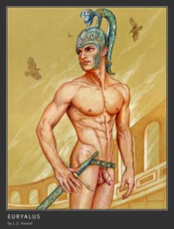 gayillustrations:    Euryalus (/jʊˈraɪ.ələs/; Ancient Greek: Εὐρύαλος) refers to several different characters from Greek mythology and classical literature: In the Aeneid by Virgil, Nisus and Euryalus are ideal friends and lovers, who died