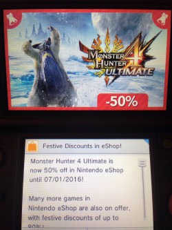 unitedkingdomofhunters:  Monster Hunter 4 Ultimate is 50% on the eShop until 07/01/16! Go grab your copy of you haven’t yet! 