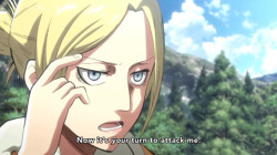 dontkare-n:this is my favorite scene from shingeki no kyojin because annie is challenging reiner and he gets all nervous and eren’s on the ground like