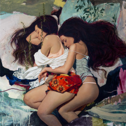hifructosemag:  Los Angeles based artist Soey Milk paints confident young women in boldly colored clothing inspired by the imagery of her Korean heritage. Featured here on our blog, her slightly amorous oil portraits are imbued with mystery and personal