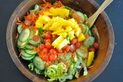 capitalveg:  If its around dinner time you can be assured that I will be attacking somthing like this or very similar soon!  Salad: 1 head of romaine 1 cucumber 1 mango carton of cherry tomato chopped celery shredded carrots chopped green onion salt