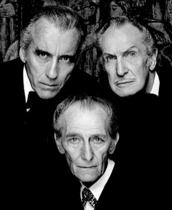 horroroftruant:  Horror Icons Happy BirthdayVincent Price (May 27, 1911 - October 25, 1993)Christopher Lee (May 27, 1922)Peter Cushing (May 26, 1913 - August 11, 1994)