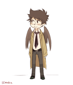   Anonymous: Oh gosh can you do just a lil chibi doodle of SPNStuck Jake as Castiel pleaseee I wanna print it out and put it on my binder for when school starts &lt;3  aHH I hope this is chibi enough, all my chibis end up sort of tall;; 