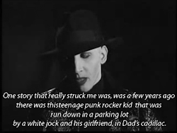 whoa-shut-it-down:  lauraclash:  starsintheground: Marilyn Manson speech on blame.  Fuck..  How can people not like Marilyn Manson, seriously. Its the same shit he’s talking about in this, people judge him cause he looks different, he’s a better person