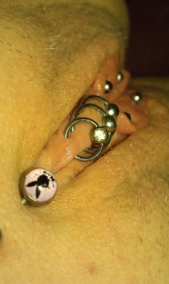 A bit difficult to work out what is happening as  the photo is cropped, but I think the Playboy jewelry is in a fourchette piercing, with various inner labia piercings above. Very nice anyway!