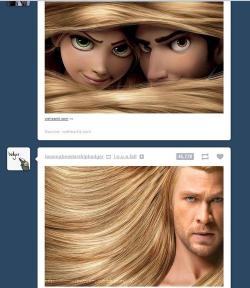 thegoddamazon:  sane-as-a-starkid:  Thor does not find it amusing when Rapunzel and Flynn hide in his hair.  FUCK 