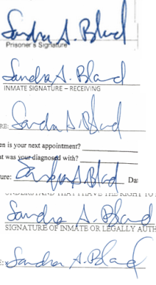sleidi:  A lesson on how not to forge signatures, courtesy of the people who murdered Sandra Bland. What are they going to say next? That Sandra Bland liked to alternate between six completely different signatures? The police are obviously not aware of