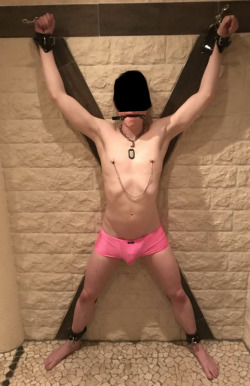 slave2megamaster4u:This is a recent picture of me tied up by my Master on a St. Andrew’s cross. You can also see the slave tag and the chain my Master ordered me to wear. Underneath my underwear, which came off later during the session once my Master