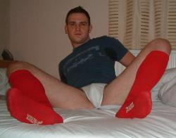 rugbysocklad:  Fit! Jock! Red Footy socks!