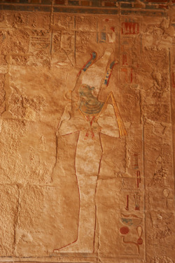grandegyptianmuseum:      Mortuary Temple of Hatshepsut. Polychrome relief of Osiris, god of Afterlife.  Ausar