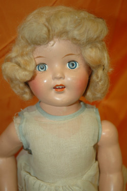 hazedolly: Cute vintage composition doll with blonde Shirley Temple-style mohair wig Photo credit: eBay seller id “joel228” 