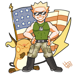 fluffycutecats:  Lt. Surge the lighting american. ‘MERIKA!!!I love how america is canon in pokemon universe, thought I guess he would be from unova now, huh?Sticker