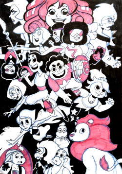 thevipersnake:  I haven’t done a Steven Universe fanart in a while :oSo here is one I did in my sketchbook for relaxing. There is almost all the gems present in the serie (+ Greg and Onion :3 ) (except fusions)LOVE this show 