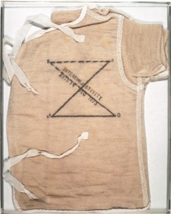 kleidersachen:  Mary Kelly. Post-Partum Document: Introduction, 1973; Perspex units, white card, wool vests, pencil, ink;15 units: 10 x 8 in. (25.4 x 20.3 cm) each. Collection of Eileen Harris Norton. Image courtesy of the Artist and Postmasters Gallery,