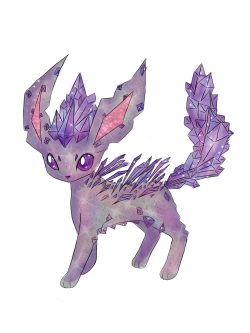 comicbookmama:  Eeveelution: Quartzeon!  Quartzeon is the Rock-type Eeveelution, formed when Eevee evolves in the presence of a Float Stone.  Its colors vary depending on its habitat; shown are the two most common varieties - Smoky Quartz/ Amethyst and
