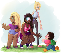 juniperarts:  Decided to do my version of the gems as humans. Doing normal things like picking Steven up from school and hanging out with him in the park underneath the cherry blossom tree.  *click for better viewing*  