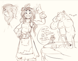 mosaur:Doodling some side-characters, Ceta’s an energetic, hardworking blacksmith and assists Lore in making more human-sized tools and things. She gets listless very easily and tends to get lost in her own projects, which are usually super experimental