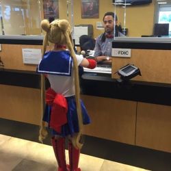 danisaurous95:  One of two of my favorite pictures from yesterday. Had to go to the bank to pay bills, but no time to change! Oh well, just a normal day for your neighborhood Sailor Moon. Photo by @jecameron14 #sailormoon #sailor #moon #bank #halloween