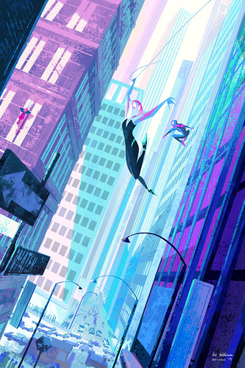 evelmiina:  Gwen’s world 2019 As part of Gallery Nucleus’s Spiderverse tribute show, I made this poster. Was really cool to have this work hang next to the artwork of artists who worked in the movie, and many other amazing illustrators. evelmiina.com