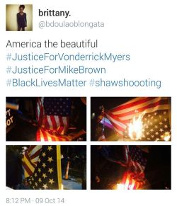 land-of-propaganda:  BREAKING NEWS  Protesters burn the American flag in honor of Mike Brown and VonDerrit Myers.  (10/09) 