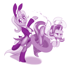 dstears:  *disgruntled bunny-pony noises*  Continuing the Easter tradition(?) of drawing ponies in bunny outfits. Trixie’s outfit is based on Zatanna.      