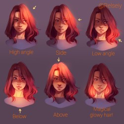 relseiyart:Magical glowy hair is the best. This was a basic lighting reference for myself but decided to post it anyway in case it helps anyone! Its really important to chose a light source in your illustrations, it actually makes things much easier when