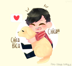 pokitokki:  Markiplier and Chica!Haha it doesn’t look like Chica because I don’t know how to draw dogs…;;;Edit: Oops…i forgot the beard…  Nice!