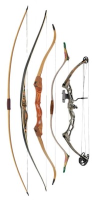 i-viewed-it-in-black-and-white:  Left to right - Traditional English Longbow; Flat Bow; Recurve Bow; Mongolian Bow; Compound Bow. 