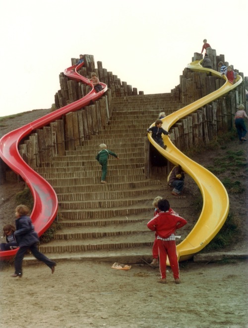 scavengedluxury:  Slides in May 9 Park, Óbuda Island, Budapest, 1981. From the Budapest Municipal Photography Company archive. 