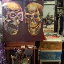 Skulls in progress.  I use mostly Golden heavy body acrylic paint. Also their mediums.  The gels they put out make it possible to get glazing effects similar to oil paint.    #skullsforlife #skulls #studio #painterslife #acrylic #golden #artofinstagram